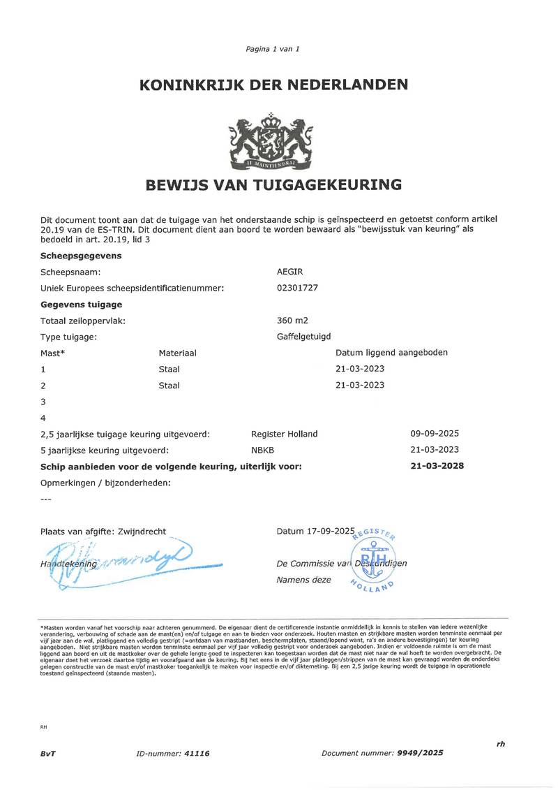 Aegir - Zertifikat Mast und Takelage