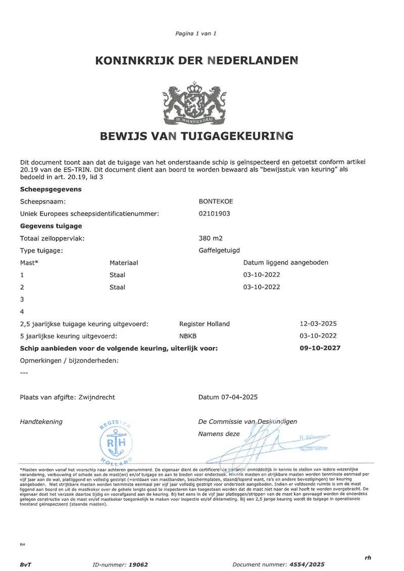 Bontekoe - Zertifikat Mast und Takelage