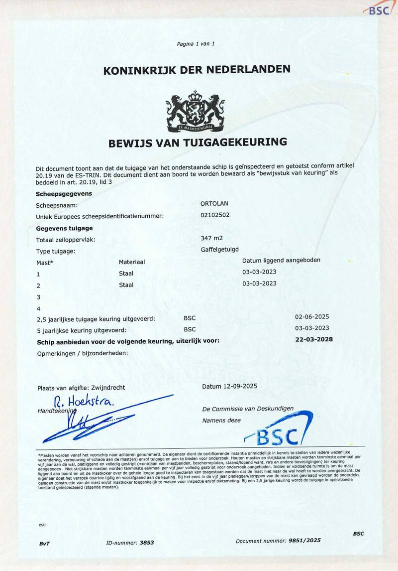 Ortolan - Zertifikat Mast und Takelage