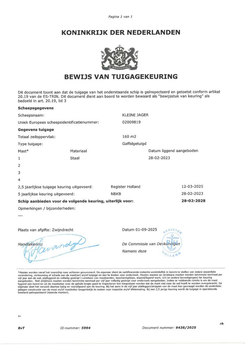 Kleine Jager - Zertifikat Mast und Takelage