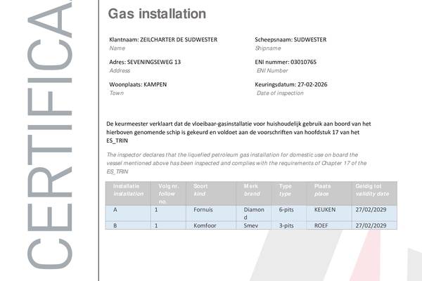 De Sudwester - Zertifikat Gasinstallation