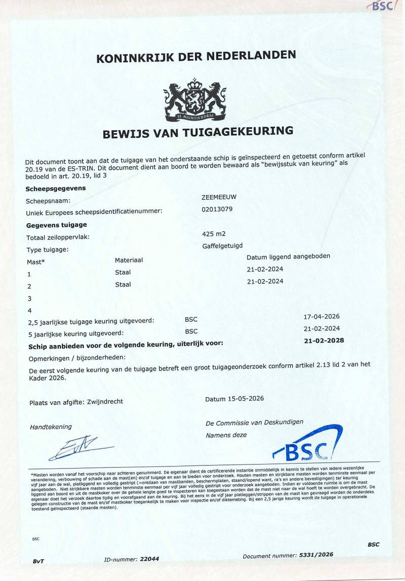 Zeemeeuw - Zertifikat Mast und Takelage